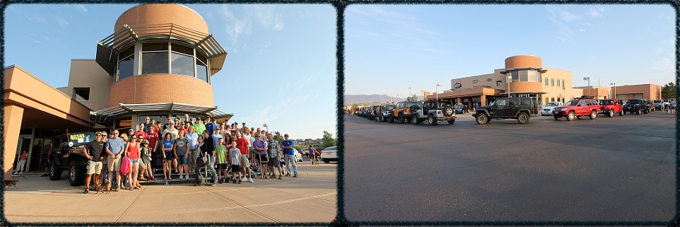 The Faricy Boys Dealership seen in two pictures: one with staff posing for the camera, the other with vehicles lined up around the building